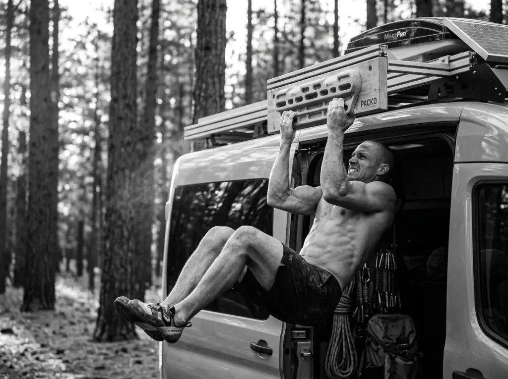 Remote physical training showing what is dirtbag climbing lifestyle really like for athletes.