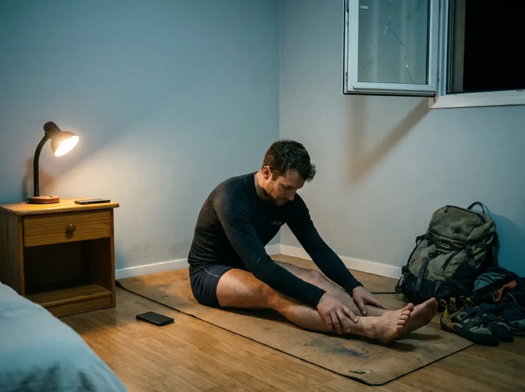 Climber doing light stretching in dim room before bed after an evening gym session