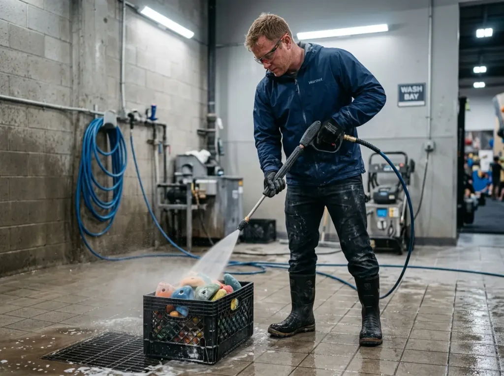 Gym tech pressure washing polyurethane climbing holds in a mesh crate — professional hold cleaning workflow