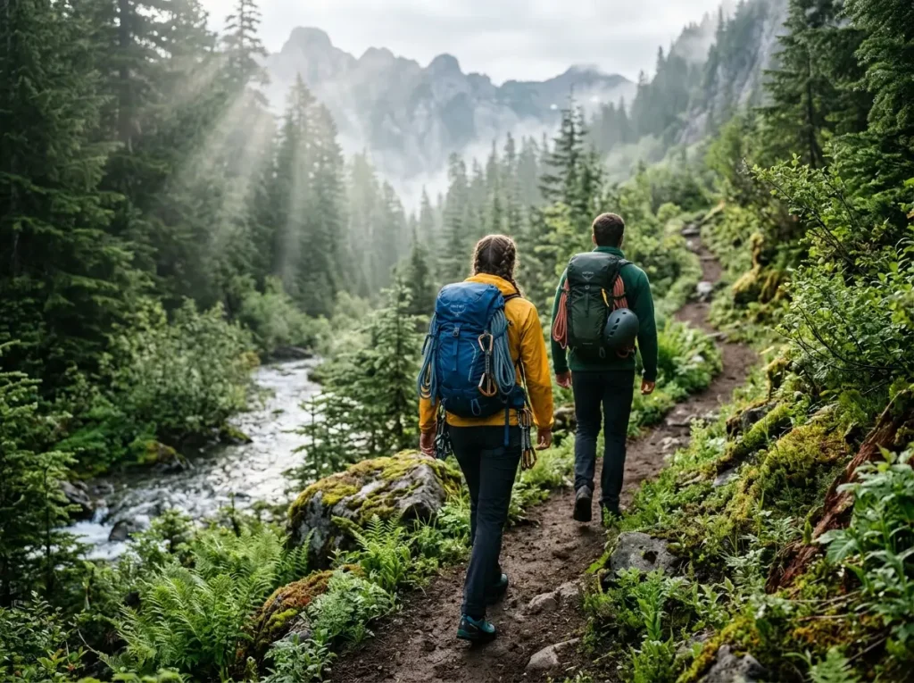 Climbers hiking a pristine trail illustrating the campfire ecology of an unburned forest.