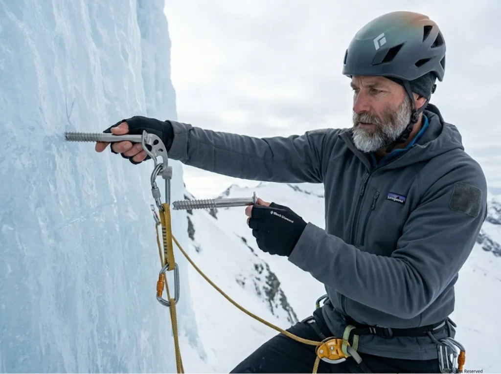 Mountain guide using ice screw as visual angle guide for drilling second hole at correct 60 degrees
