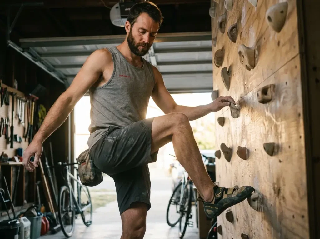 Climber eyes-closed on a training wall feeling rubber contact on a tiny foothold