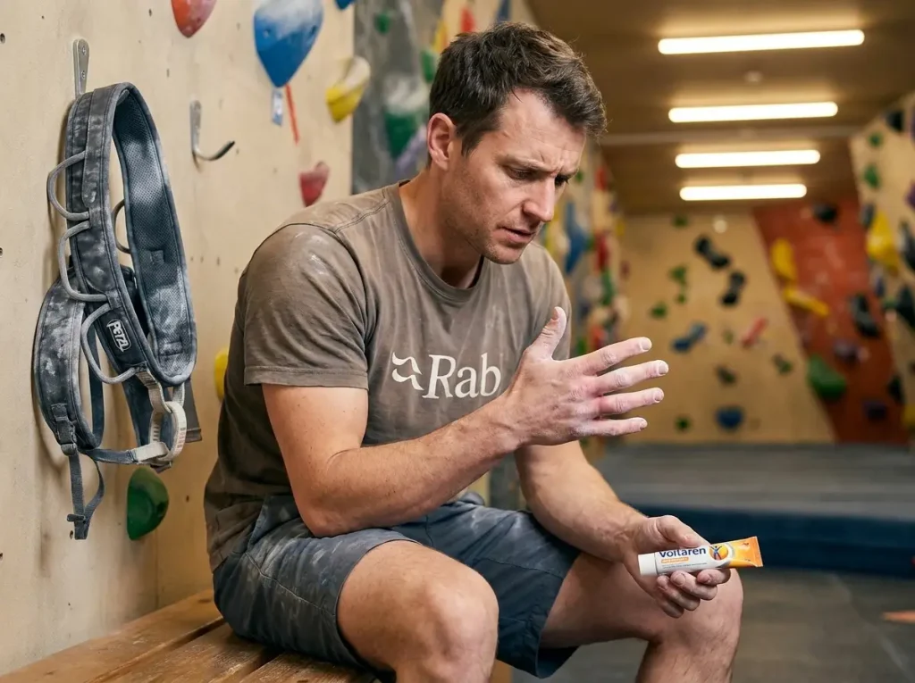 Climber holding injured finger after pulley strain from hangboard training session