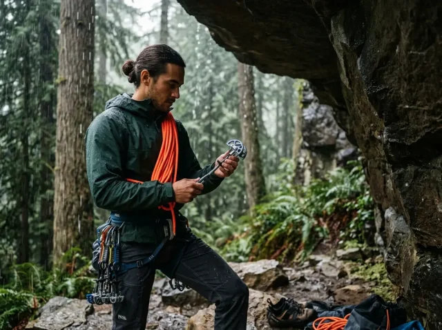 rainy-day-climbing-alternatives-pro-plan Pro climber organizing gear as part of rainy day climbing alternatives indoor options