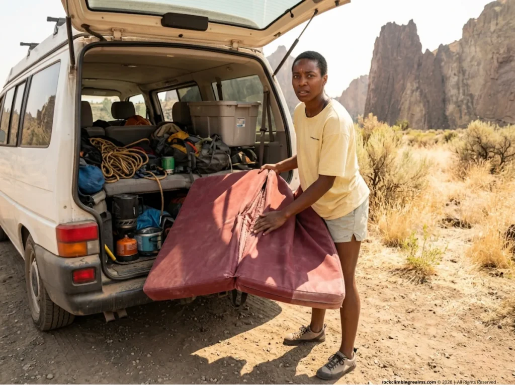Climber removing a heat-damaged folded crash pad from a hot car trunk
