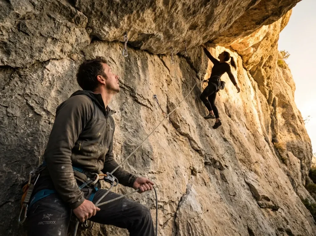 Belayer looking up at pumped climber showing fall signals on overhung route