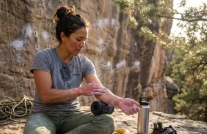 Why One Rest Day Never Fixed Your Climbing Fatigue Climber resting between sessions with nutrition and foam roller at outdoor crag