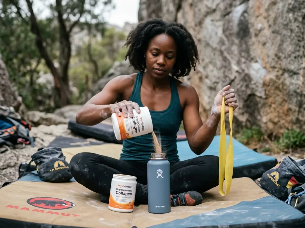 Boulderer using collagen supplement and resistance band antagonist training during climbing rest period