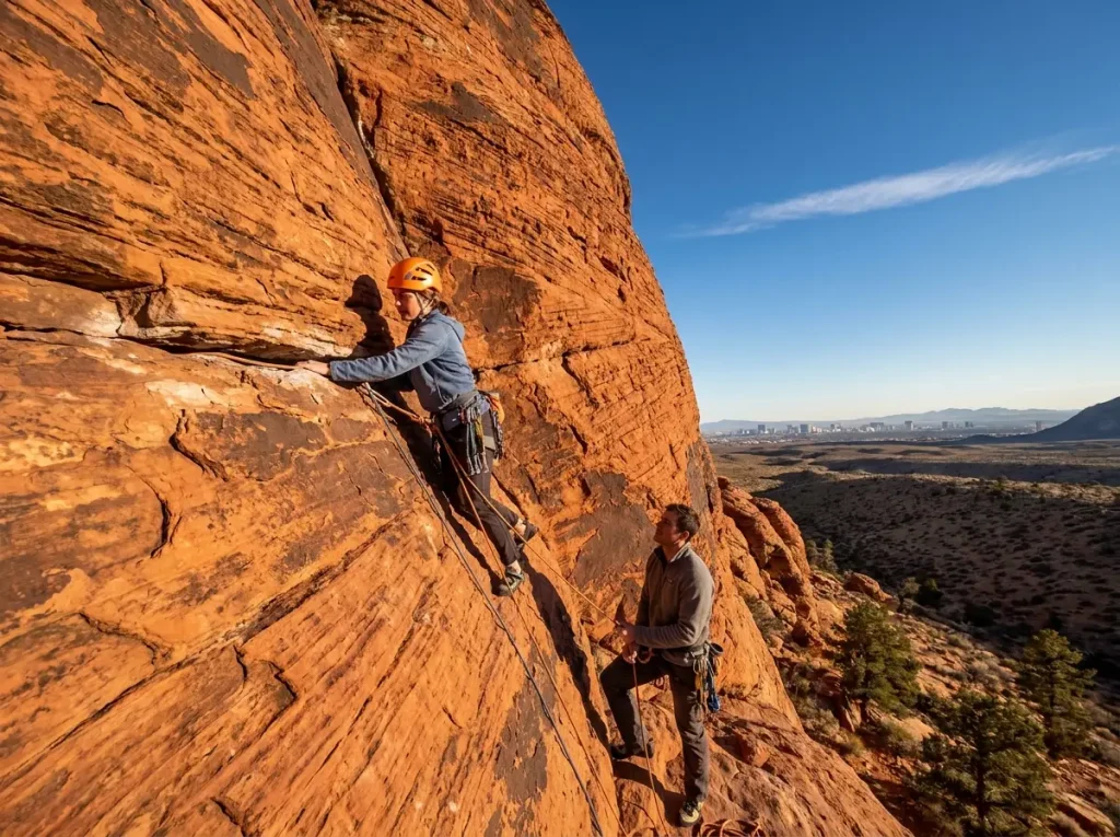 Climbers on multi-pitch trad route on Red Rock Canyon sandstone with Las Vegas skyline behind
