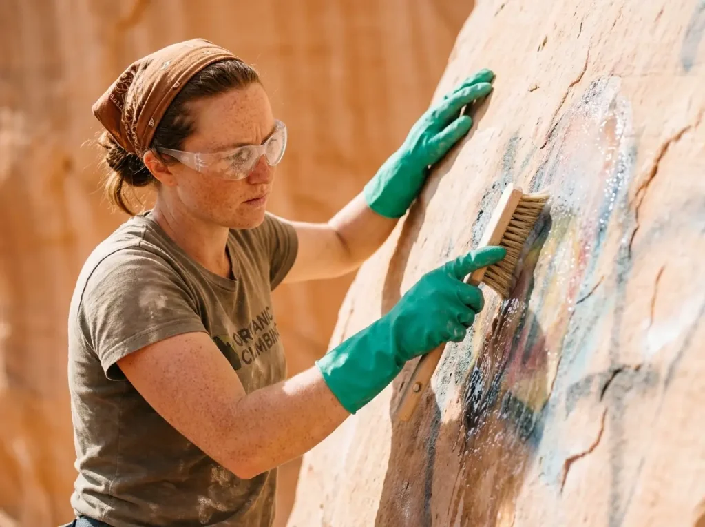 Volunteer carefully scrubbing off graffiti from a sandstone boulder