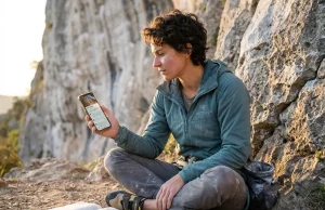 Why Climbing Grades Lie and What to Research Instead Climber studying Mountain Project route grades on phone at base of crag before climbing