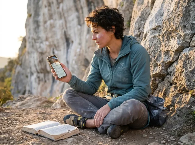 researching-climbing-area-difficulty-ratings-hero Climber studying Mountain Project route grades on phone at base of crag before climbing