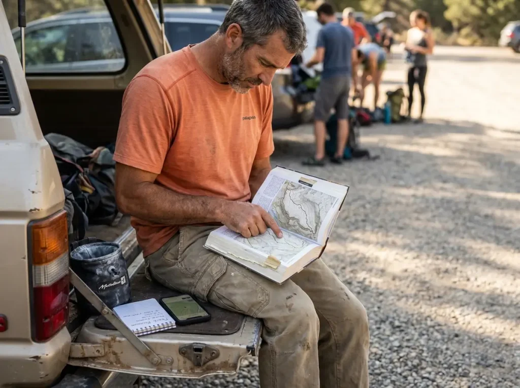 Climber reading printed climbing guidebook with route topos at crag parking area