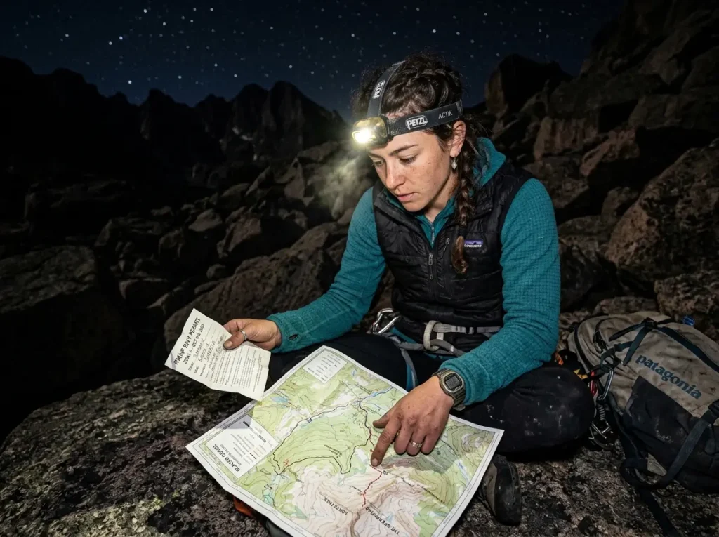 Climber reviewing bivy permits and access maps in the dark