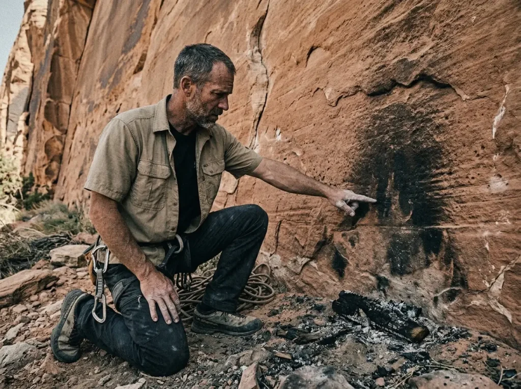 Climbing ranger showing rock damage, explaining why campfires and climbing areas are incompatible. 