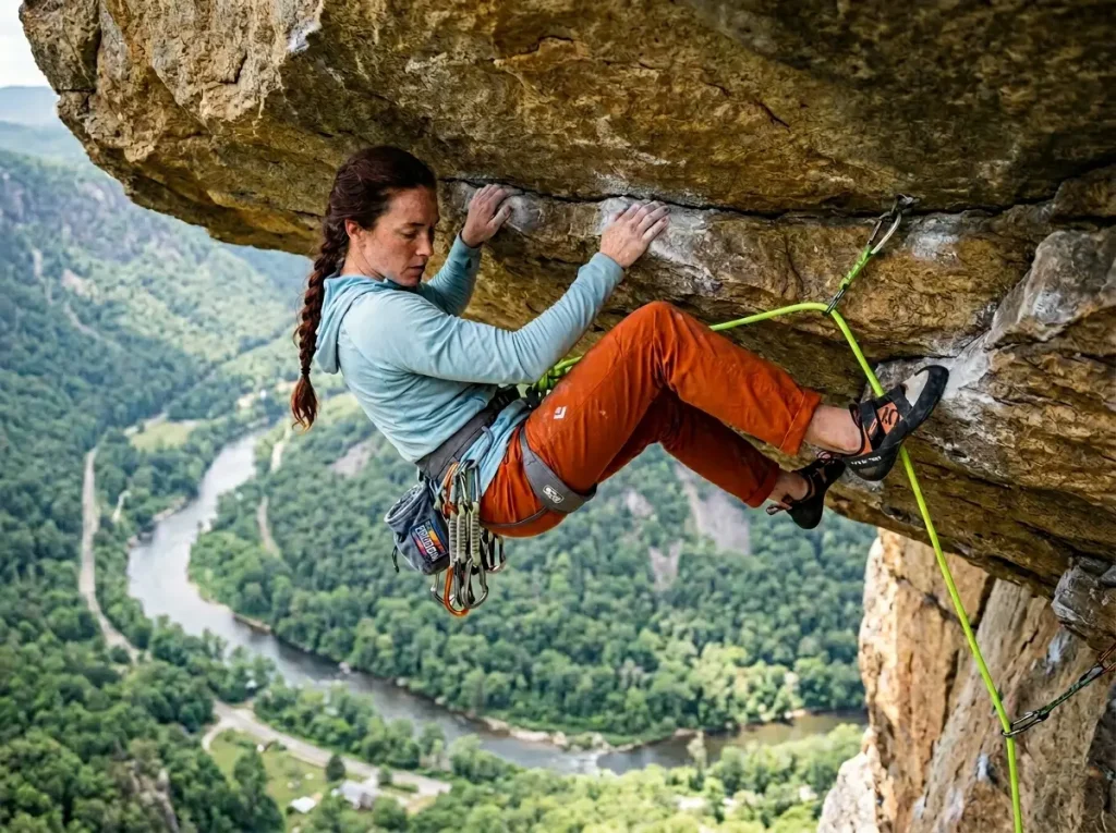 Climber safely placing foot over lead climbing rope