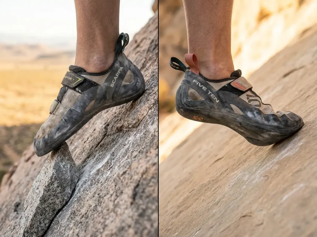 Side-by-side view of foot placement technique on granite edge versus sloped limestone pocket
