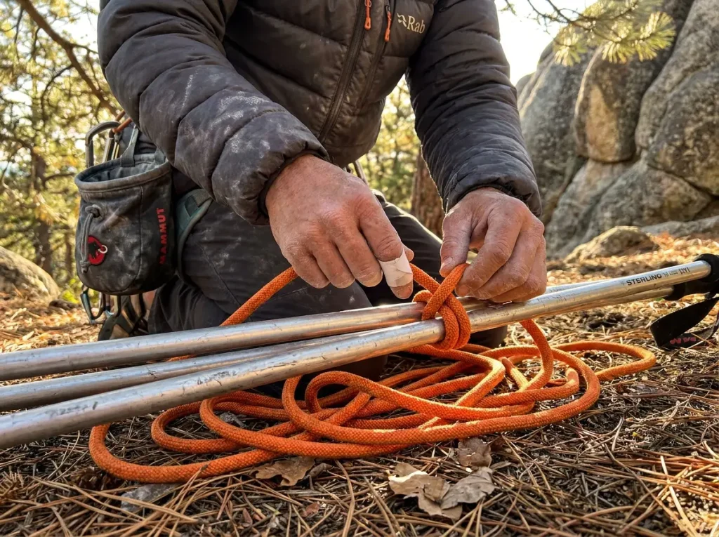 Climber weaving clove hitches on a rope litter in progress on a mountain approach trail
