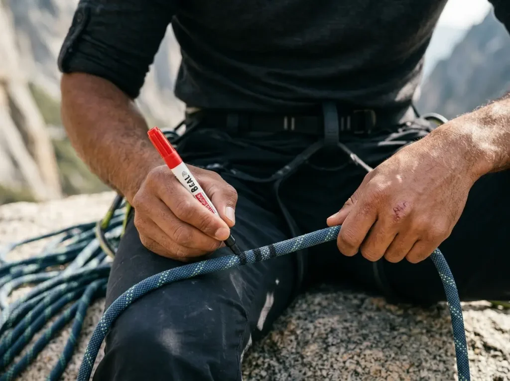 Climber applying three-stripe middle mark to EDELRID climbing rope using Beal water-based rope marker