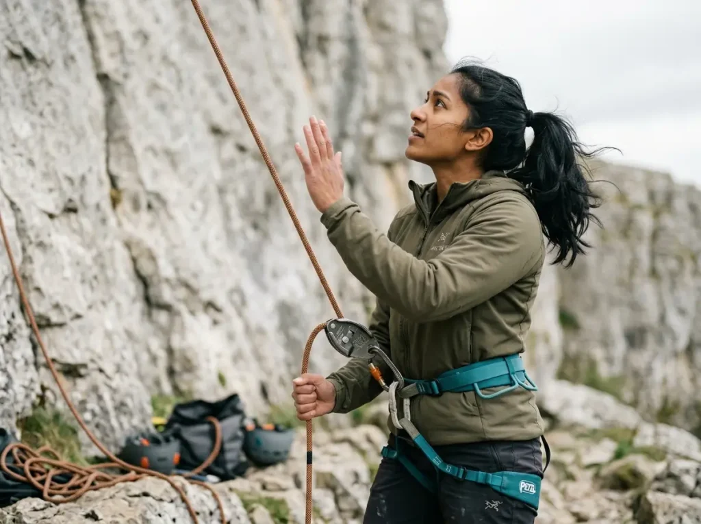 Belayer calling "Middle!" as middle mark passes through GriGri at base of limestone sport crag