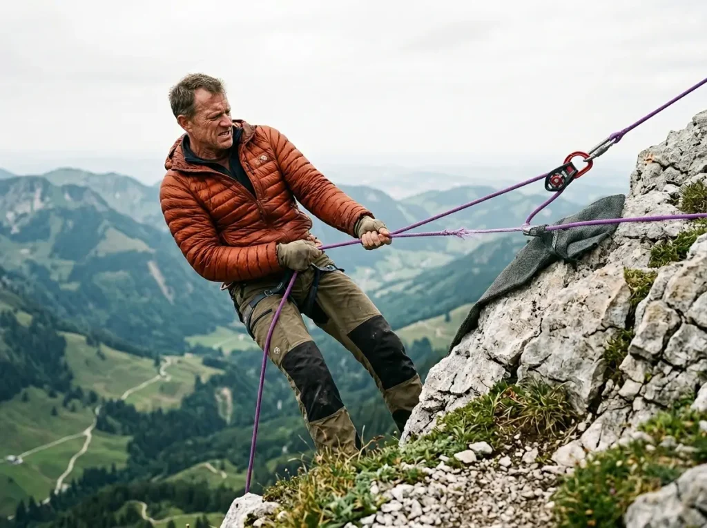 Mountaineer demonstrating rope stretch physics and the yo-yo effect in a hauling system over an edge.