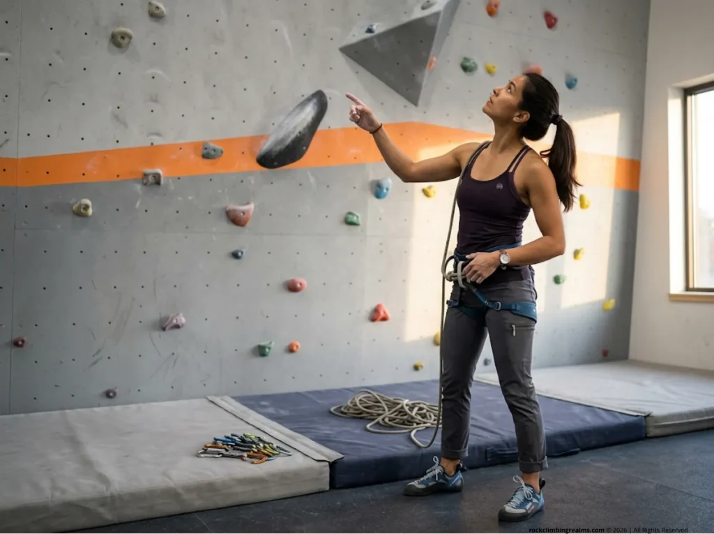 Climber reading a gym route, analyzing hold orientation and setter intent at the base of the wall