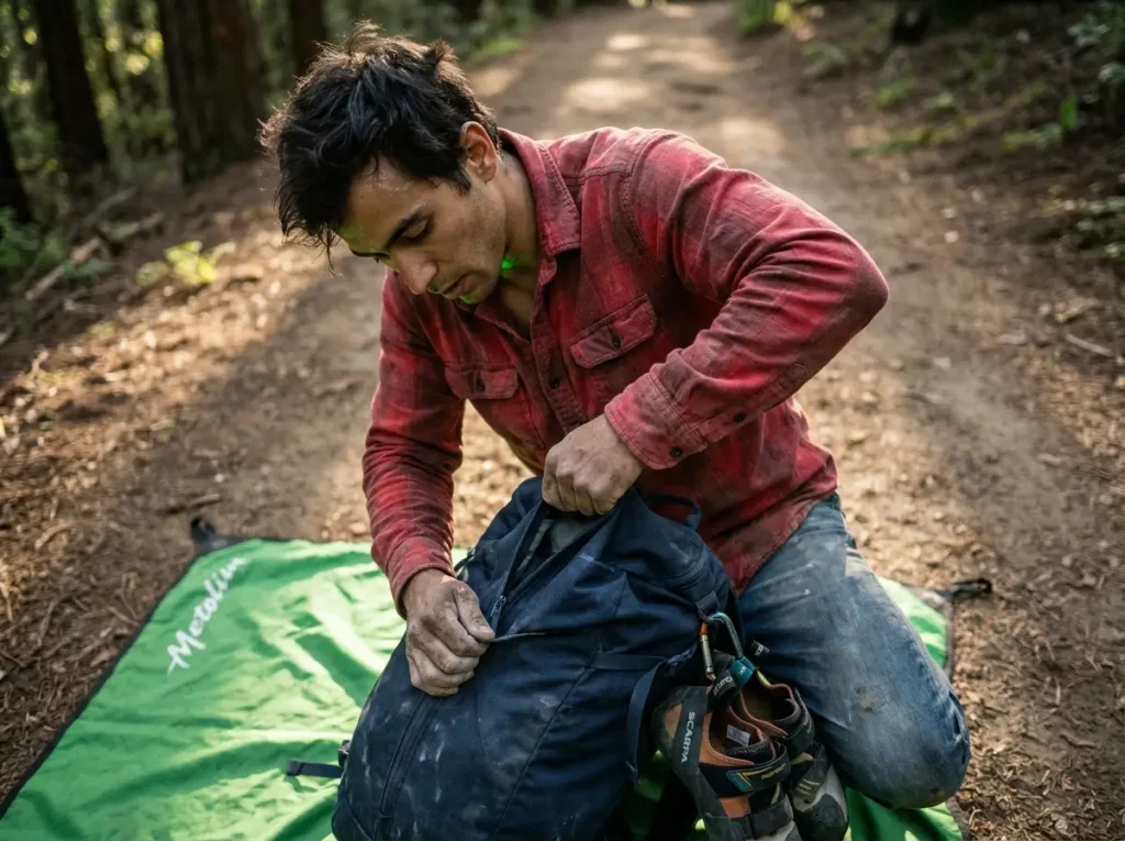 Careful climber packing up a rope tarp and backpack on the dirt trail to preserve fragile vegetation near the climbing area.
