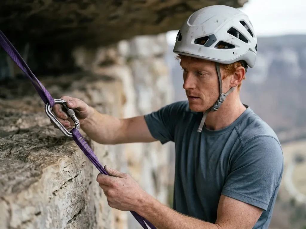Male climber carefully inspecting a locking carabiner and anchor sling.