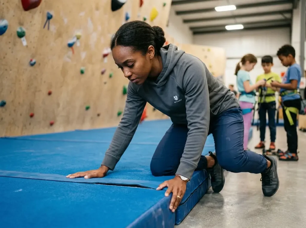 Female climbing coach setting up crash mats for a youth climbing game session  