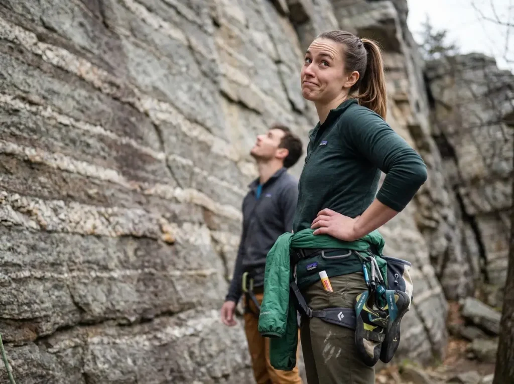 Climber stepping back to assess a sandbagged route at a new crag area