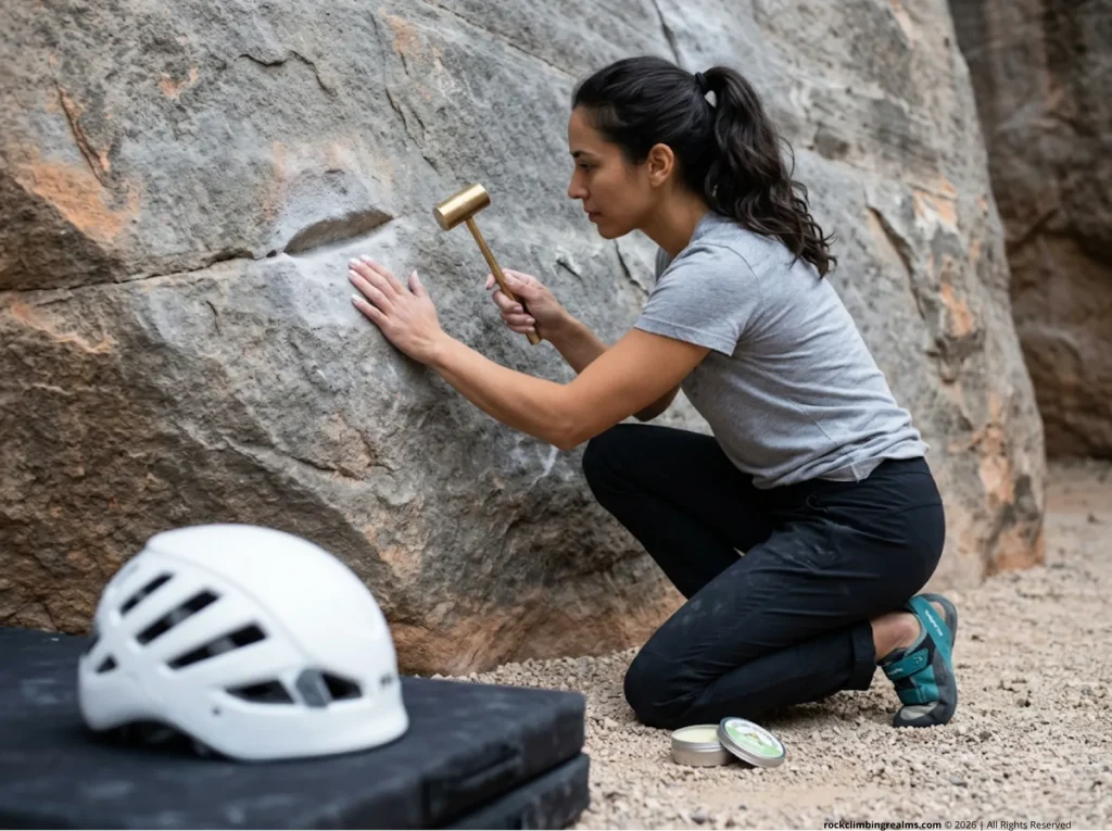 Climber performing acoustic moisture test on sandstone boulder with knuckle rap and brass mallet