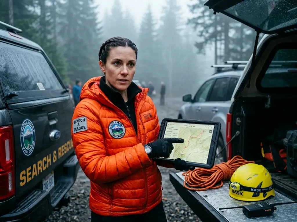 SAR coordinator reviewing GPS coordinates on an iPad at a forest trailhead.