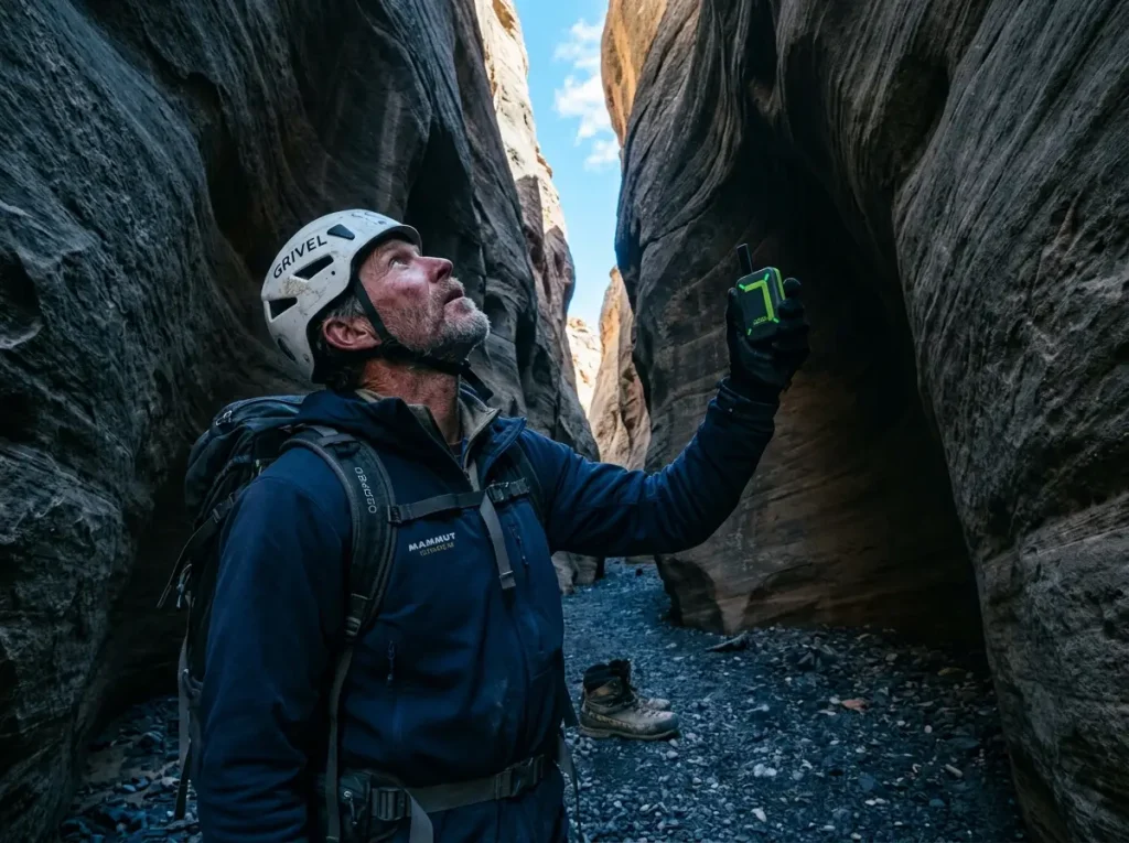 Alpine climber checking Zoleo satellite connection in a deep rocky slot canyon.