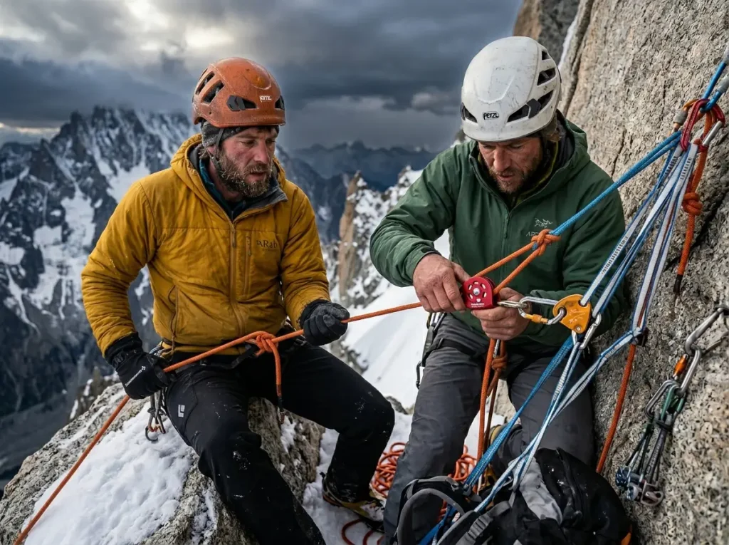 Two alpine guides scaling up a 3:1 system into a 6:1 compound mechanical advantage setup in rescue.