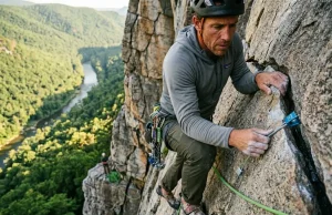 How to Climb Seneca Rocks WV Without Getting Sandbagged Climber placing a nut on seneca rocks climbing guide west virginia route