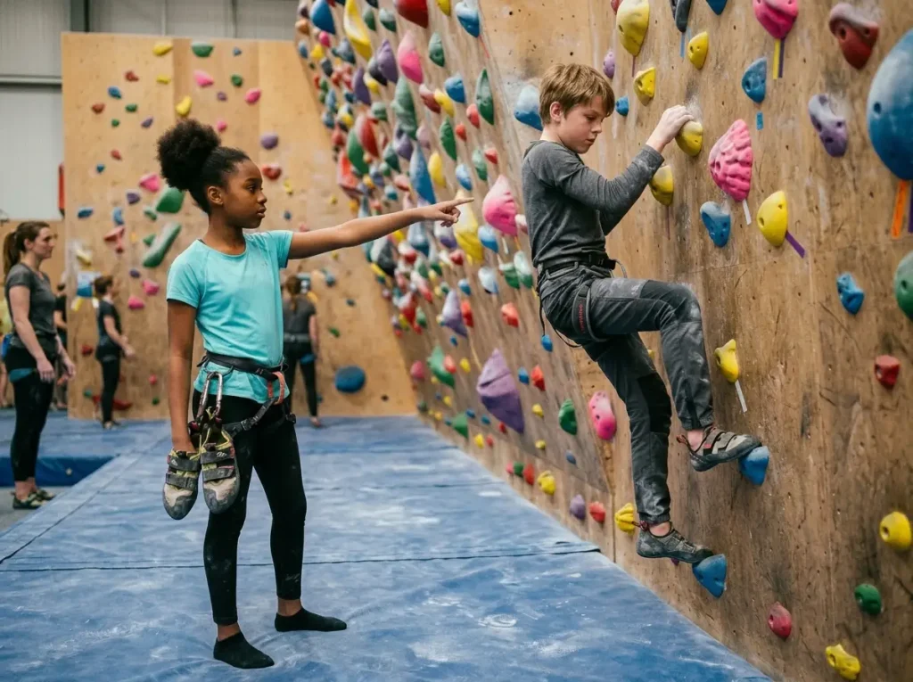 Two kids playing Add-On climbing game, one memorizing sequence from the ground