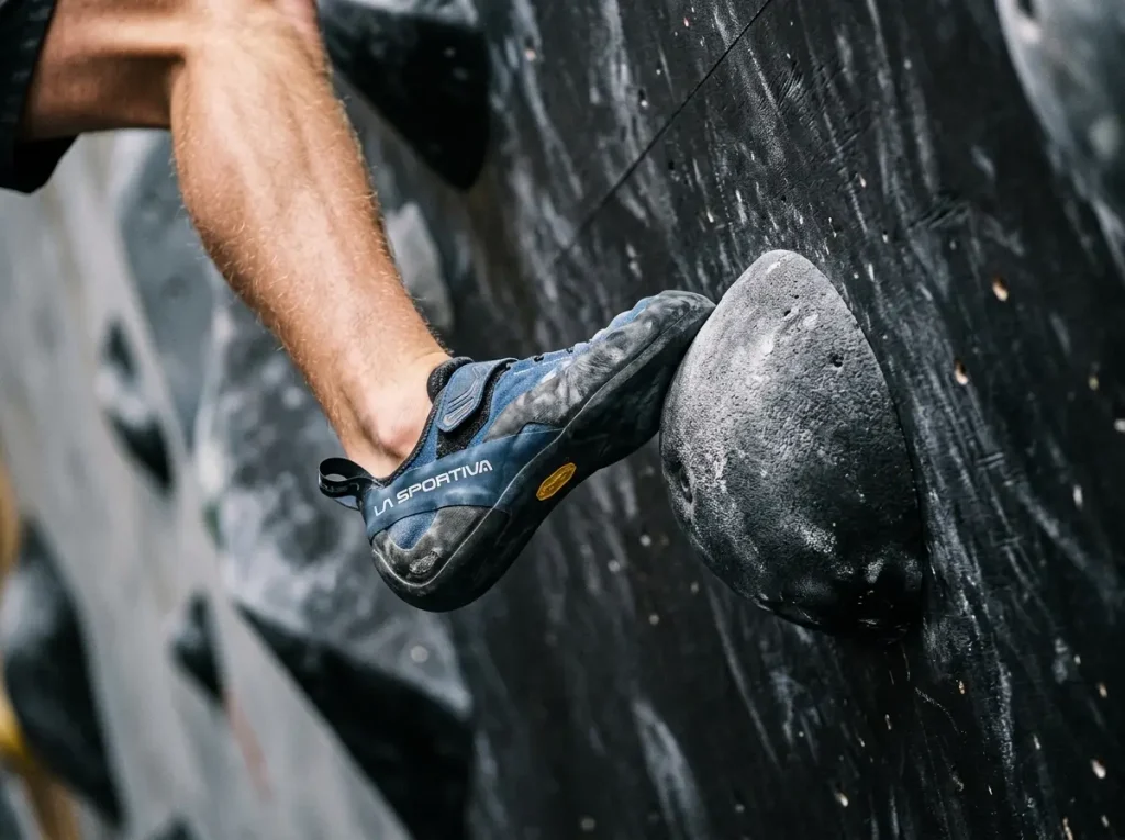 Macro shot of soft climbing shoe rubber deforming