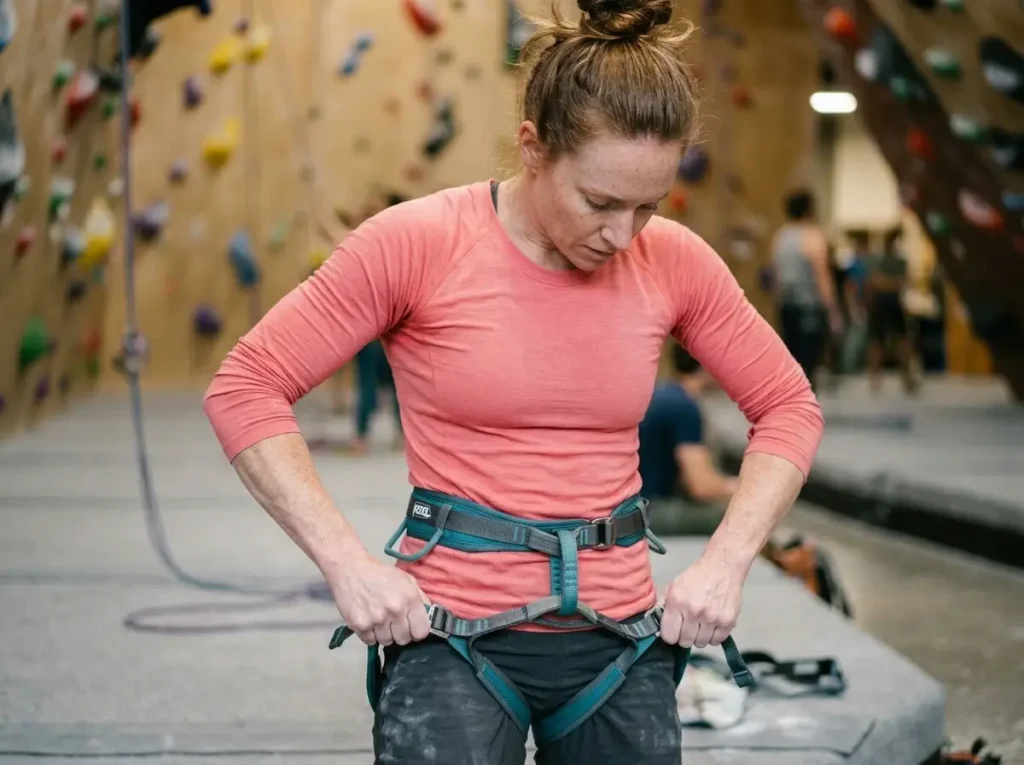 Female climber performing pull-down test on sit harness to verify iliac crest lock at climbing gym