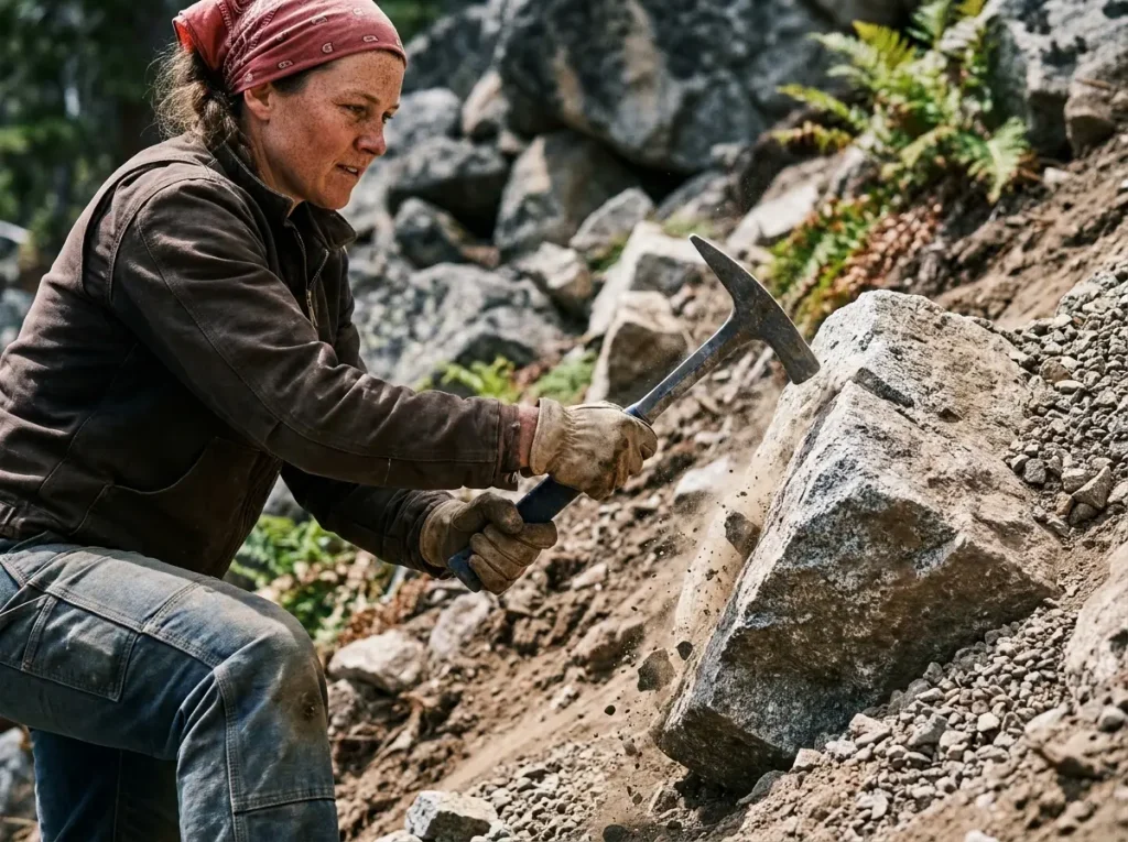 Trail builder packing stone armoring with a heavy hammer