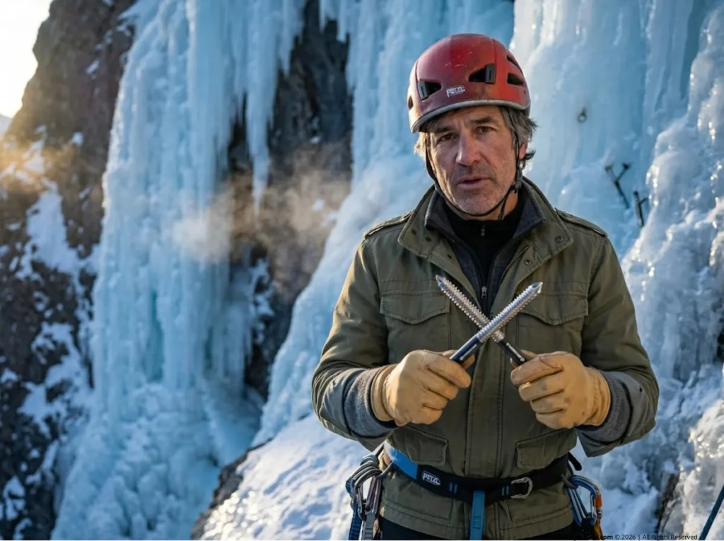 Ice climbing guide demonstrating 60-degree angle for optimal V-thread geometric construction