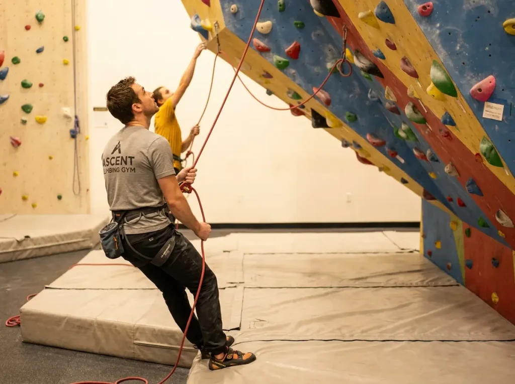 Belayer giving correct amount of slack for leader's second clip on indoor gym overhang