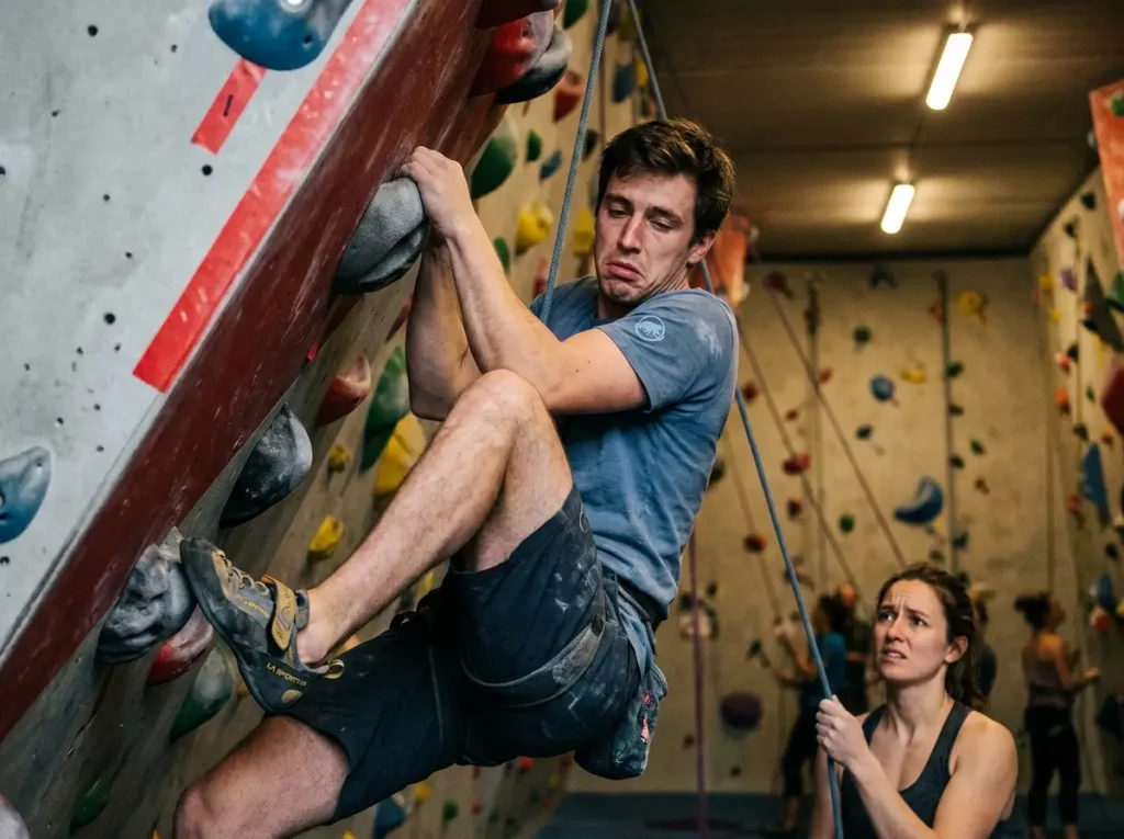 Exhausted climber with heavy-lidded eyes struggling on a gym overhang in an evening session