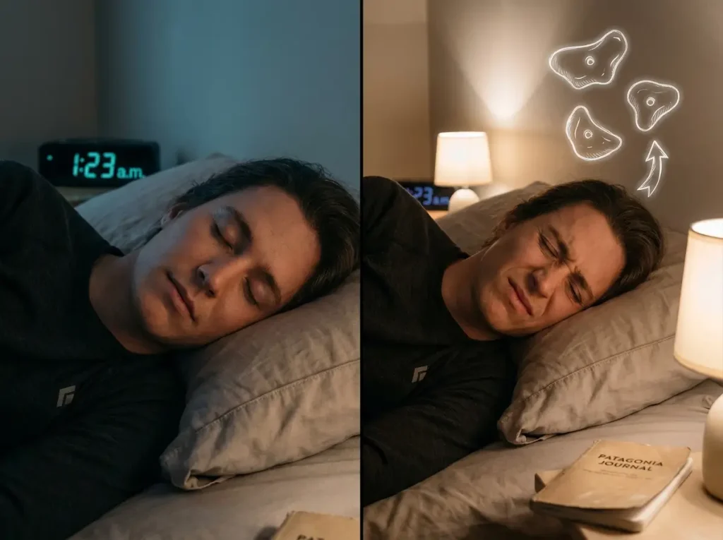 Split image showing slow-wave deep sleep versus REM sleep stages with climbing route memorization concept