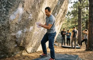 Did Social Media Ruin Climbing Culture? The Truth Rock climber on granite boulder at sunset, smartphone visible on crash pad below