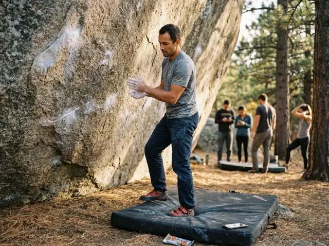 social-media-climbing-culture-hero Rock climber on granite boulder at sunset, smartphone visible on crash pad below