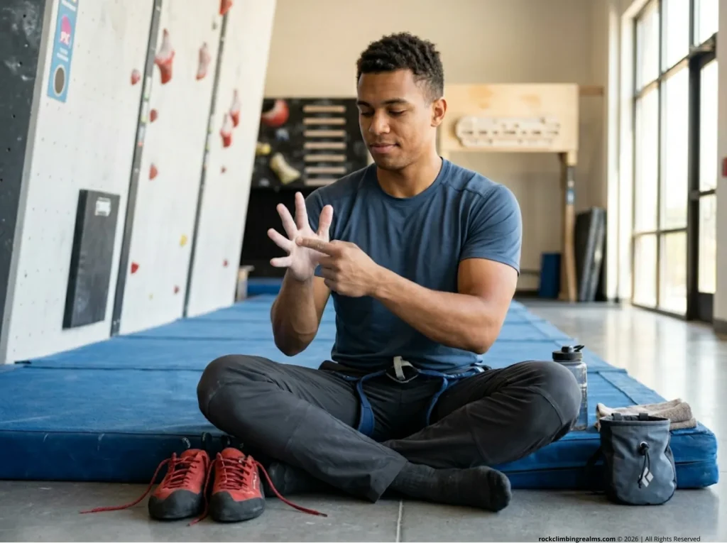 Climber performing finger pulley tendon check with resistance band during warm-up before speed climbing training session in Scarpa climbing shoes 