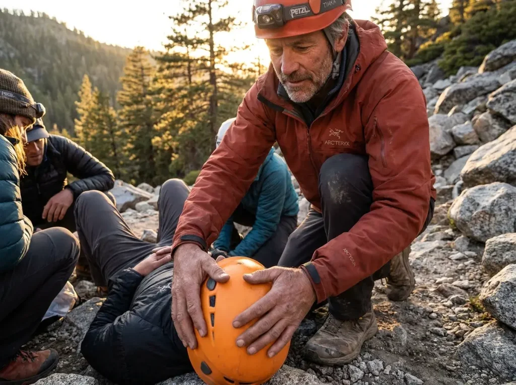 Climbing guide keeping patient's head and neck neutral without a cervical collar on rocky terrain