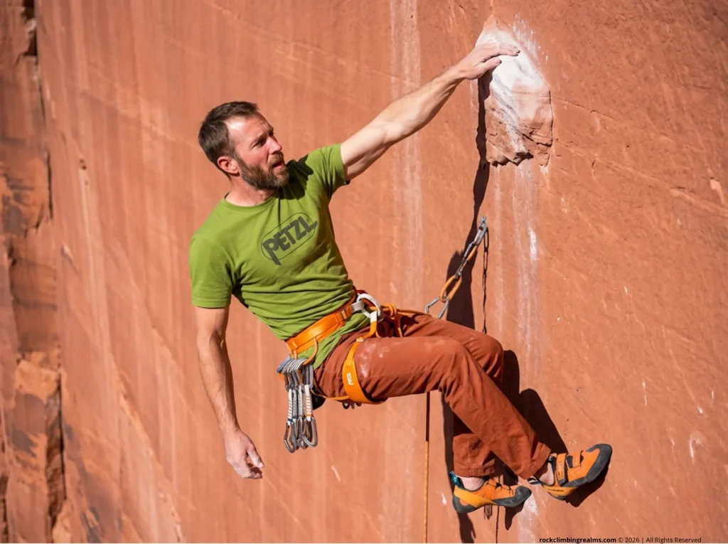 Exhausted male sport climber resting on a jug hold shaking out a pumped arm due to hydrogen ion buildup