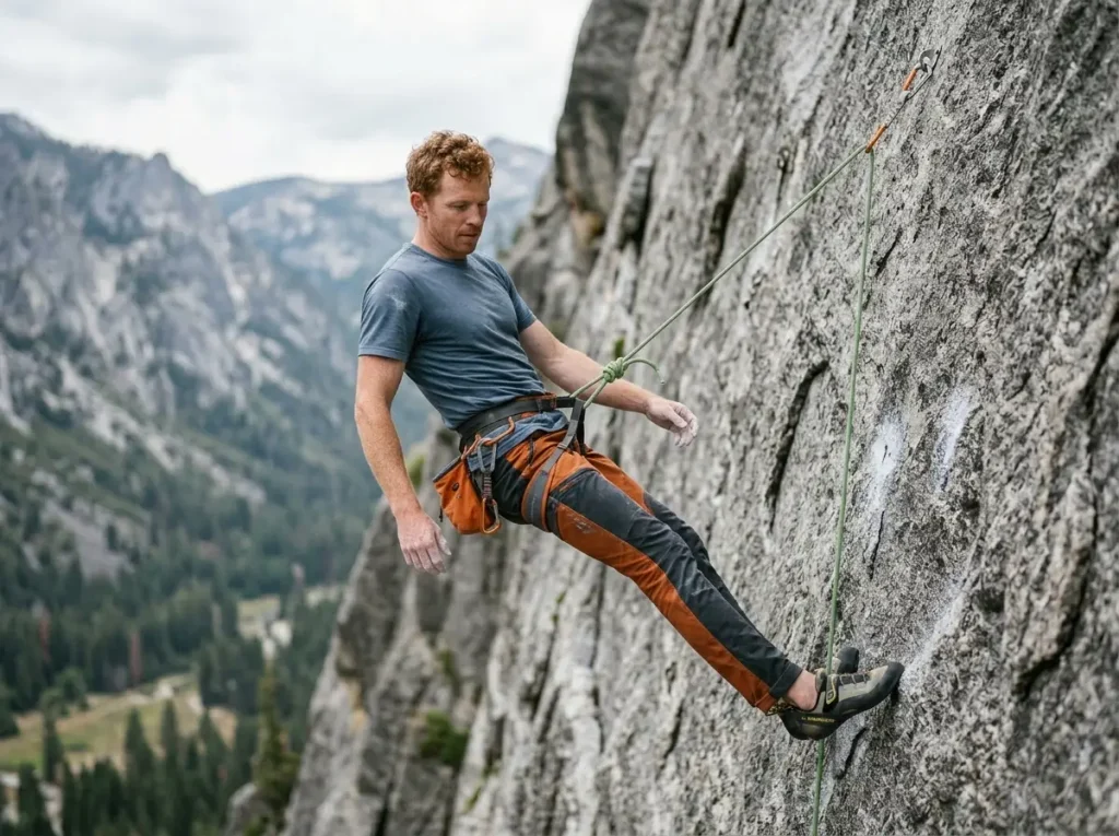 Sport climber taking a lead fall on a granite wall, rope taut at full dynamic stretch under fall factor physics