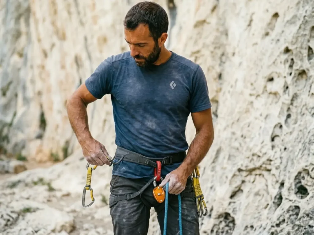 Climber racking Black Diamond quickdraws on harness at the base of a limestone crag for a sport climbing redpoint